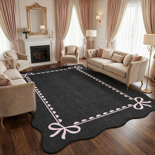 GarveeHome Scalloped Bow Rug for Living Room, Solid Rug for Dorm, Washable Rugs 5x7 Soft Low Pile Non Slip Scalloped Rugs for Nursery College Bedroom Decor Kids Room Playroom, Black Pink