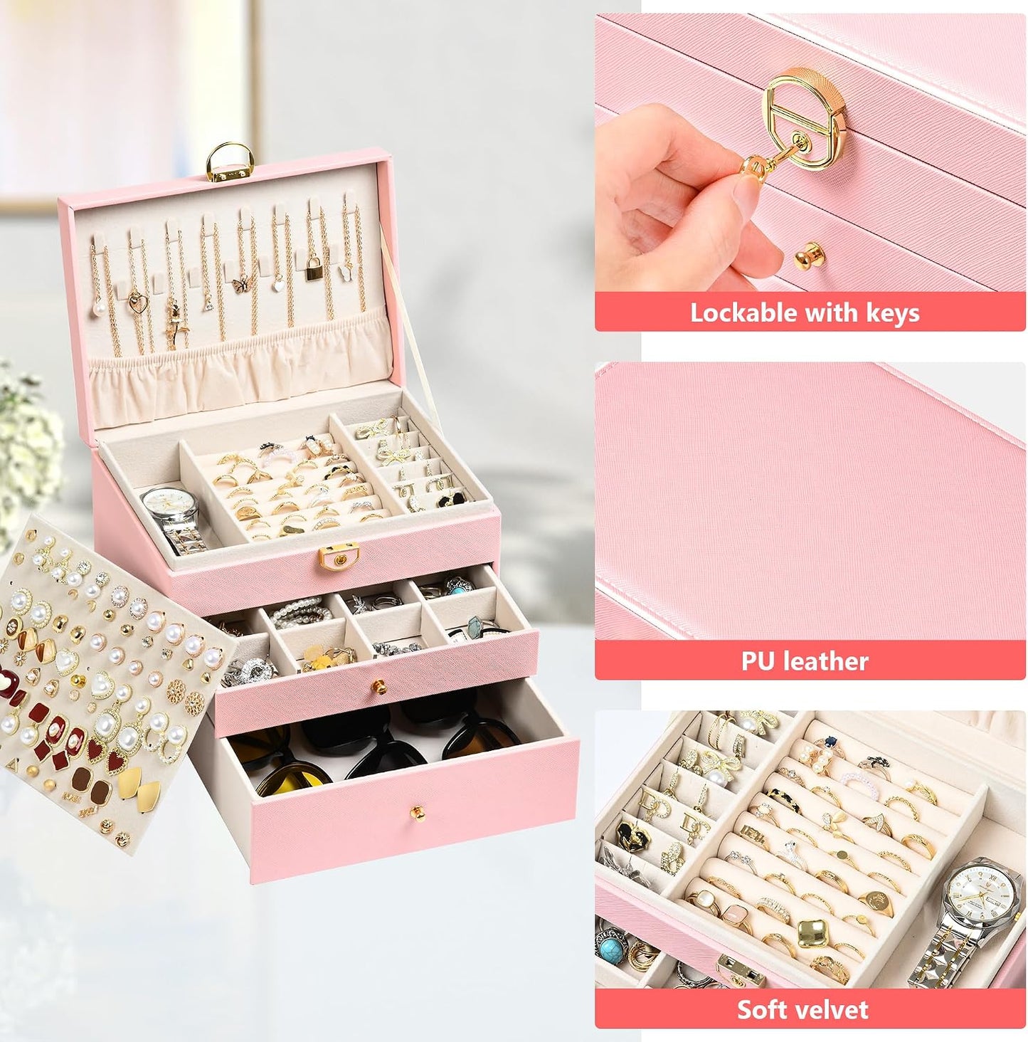 Jewelry Box, 3 Layers Leather Jewelry Storage Display Box for Women, Gift Case, 2 Drawers, Large Capacity for Necklace Earrings Bracelets Rings, Pink