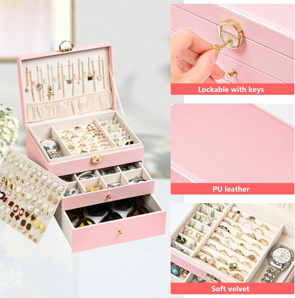 Jewelry Box, 3 Layers Leather Jewelry Storage Display Box for Women, Gift Case, 2 Drawers, Large Capacity for Necklace Earrings Bracelets Rings, Pink