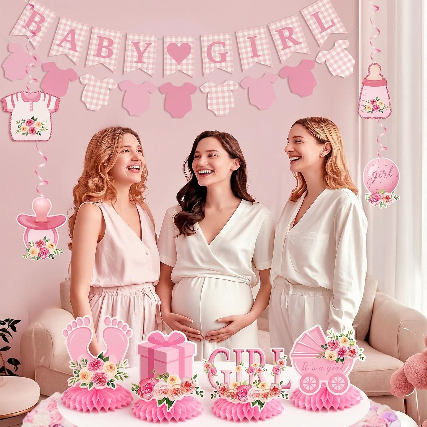 Mindsoft 14 Pcs Pink Girl Baby Shower Decorations Set with Gingham Garland Banner Honeycomb Centerpiece Hanging Swirls Pink Plaid Bowknot Foil Balloons for Birthday Baby Shower Reveal Party Supplies