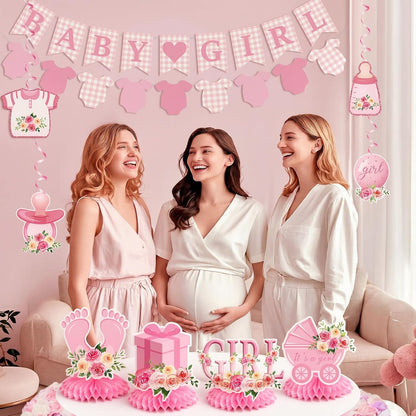 Mindsoft 14 Pcs Pink Girl Baby Shower Decorations Set with Gingham Garland Banner Honeycomb Centerpiece Hanging Swirls Pink Plaid Bowknot Foil Balloons for Birthday Baby Shower Reveal Party Supplies