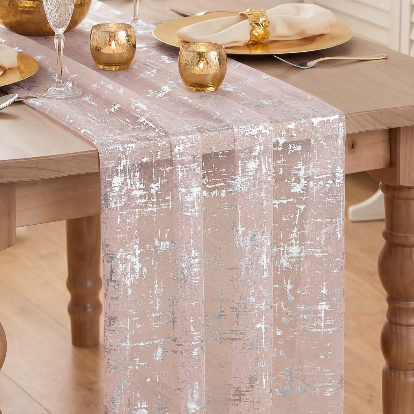 Artoid Mode Pink Silver Gauze Table Runner 120 Inch, Sheer Glitter for Spring, Wedding, Dining, Anniversary, Holiday Party Decor
