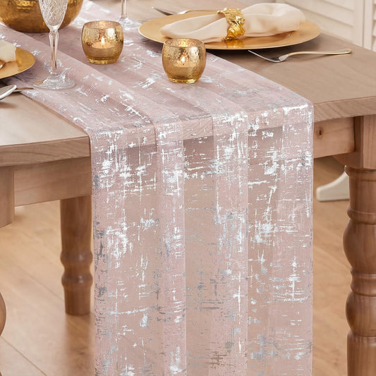 Artoid Mode Pink Silver Gauze Table Runner 120 Inch, Sheer Glitter for Spring, Wedding, Dining, Anniversary, Holiday Party Decor