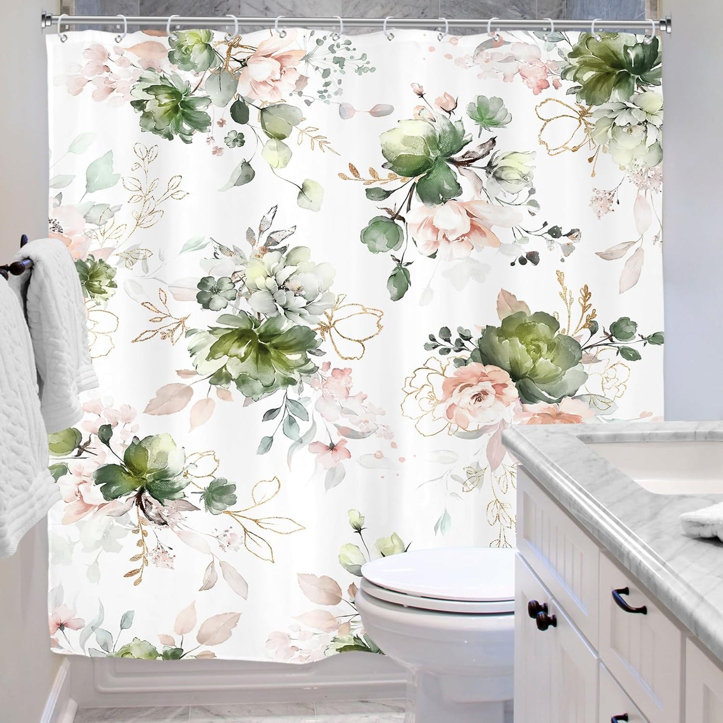 Riyidecor Green Gold Floral Shower Curtain for Bathroom Decor 72Wx72H Cute Boho Rose Flower Botanical Spring Blossom Leaves Girly Sage Art Printed Fabric Polyester Waterproof 12 Pack Hooks