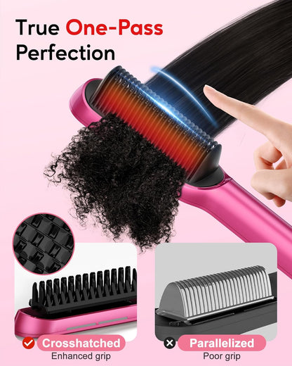 Terviiix Hair Straightening Brush Magenta - Rapid Heat Hair Straightener Brush 450°F in 20S, Ionic Technology, 13 Settings, Dual Voltage, Anti-Scald, for Frizz Control & Daily Styling