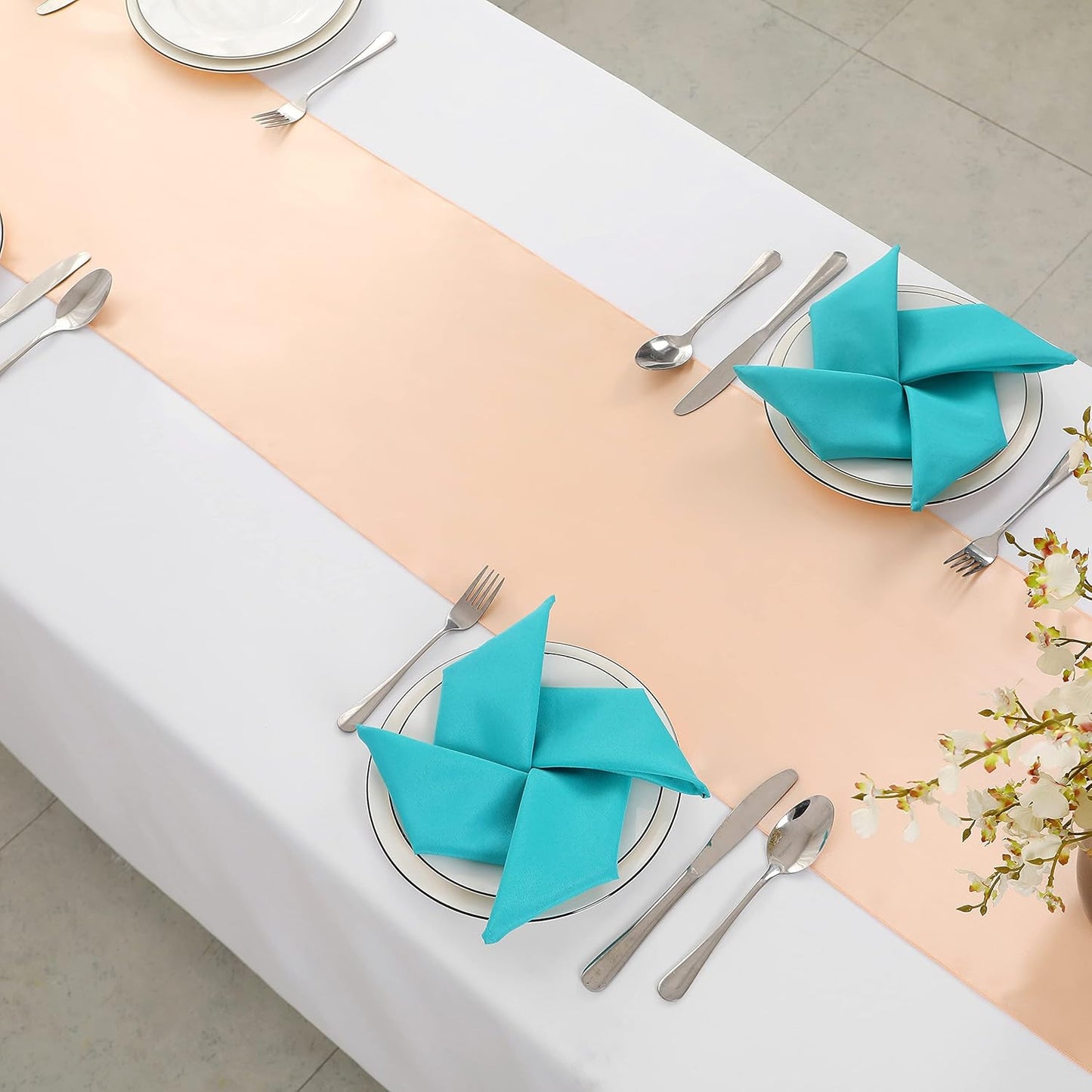 Horbaunal 12 Pack Peach Satin Table Runner 12 x 108 Inch, Smooth Table Runners for Wedding Banquets Birthday Party