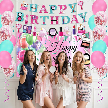 47 Pcs Spa Party Decorations Spa Birthday Party Supplies SPA Balloon Banner Backdrop Cake Topper Hanging swirls Centerpieces Night Sleepover Makeup Pajamas Birthday Decorations (Light Pink)