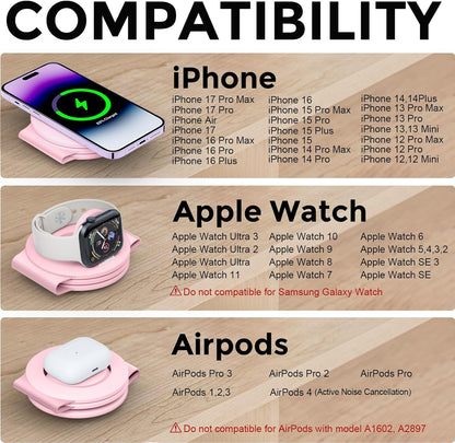 Hicober 3 in 1 Wireless Charging Station for Apple Watch and iPhone Air 17 16 15 14 13 12 Pro Max/Plus, Magnetic Foldable Wireless Travel Charger Station Stand for Airpods iWatch All Series Pink
