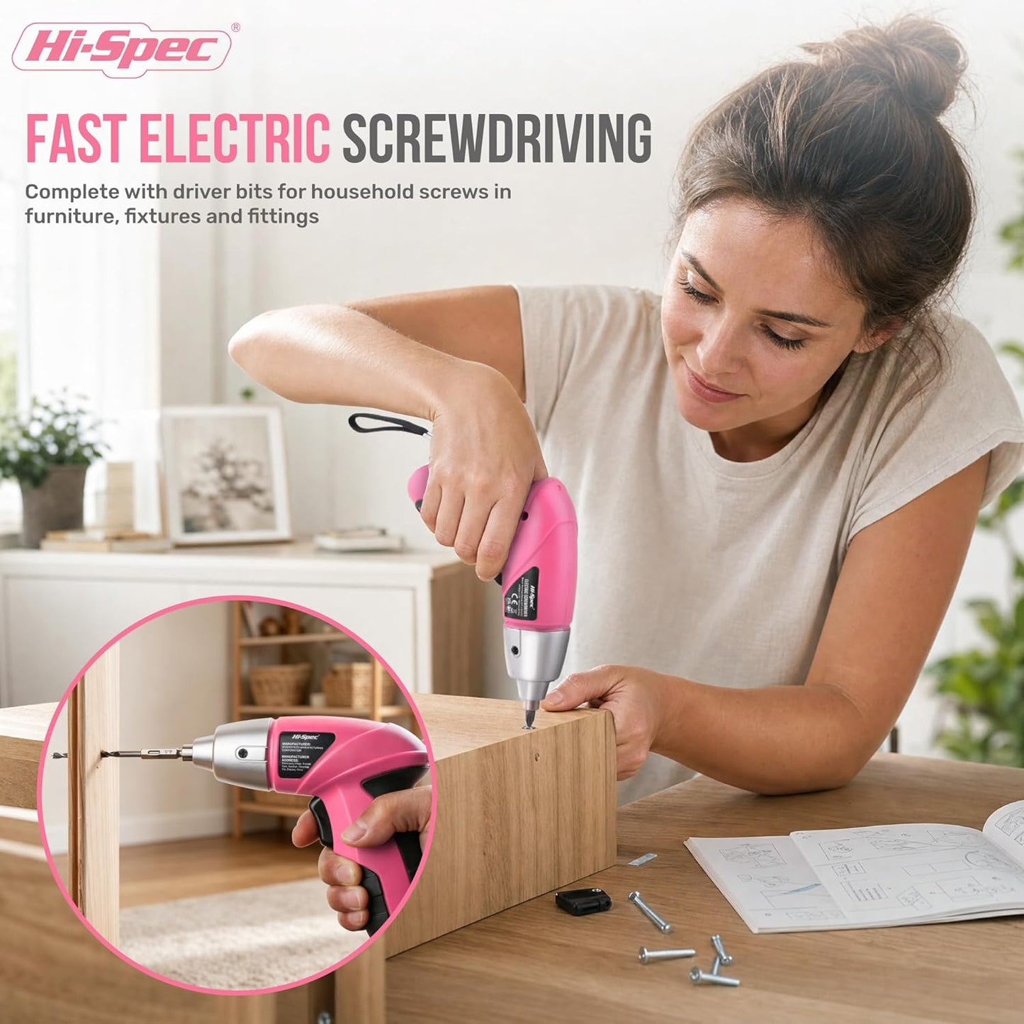 Hi-Spec 4V Electric Ladies Screwdriver Tool Kit Set. Cordless USB Rechargeable Screwdriver with Home Repair Tools. 42pc Compact Portable Case, DIY Kit for Women and the Household - Pink