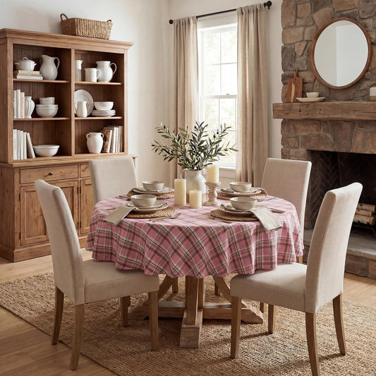 Horaldaily Spring Checkered Tablecloth 55×55 Inch Round, Pink Buffalo Plaid Spring Table Cloth, Washable Spring Farmhouse Table Decor for Dinner/Party Decoration/Holiday
