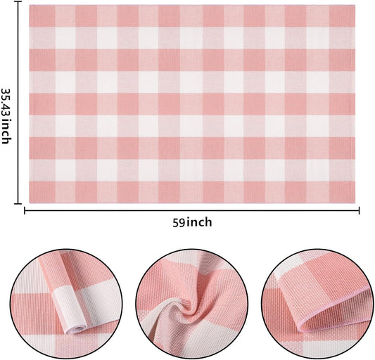 Pink and White Buffalo Plaid Rug 3'x5'Checkered Outdoor Rug Farmhouse Front Porch Rug Machine Washable Front Door Mat Outdoor for Hello Welcome Mat,Bedroom,Entryway,Patio