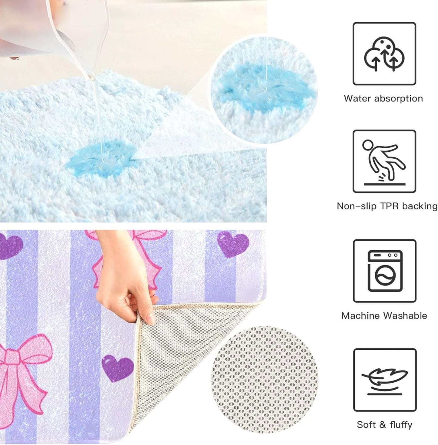 Pink Bows and Stripes Bathroom Rugs, Ultra Soft Absorbent Plush 16” x 24” Bath Mats, Non-Slip Machine Washable Shaggy Floor Rugs for Bathroom Tub