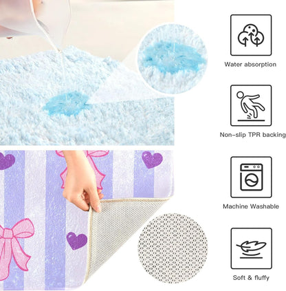 Pink Bows and Stripes Bathroom Rugs, Ultra Soft Absorbent Plush 16” x 24” Bath Mats, Non-Slip Machine Washable Shaggy Floor Rugs for Bathroom Tub