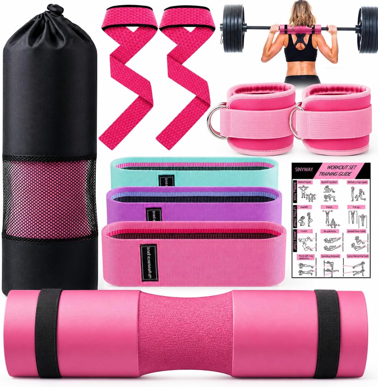 SINYWAY Barbell Pad Set for Squat,10 PCS Hip Thrusts Workout Foam Weight Lifting Bar Cushion with 2 Gym Ankle Straps,3 Hip Resistance Bands,2 Lifting Strap,Barbell Pad and Carry Bag