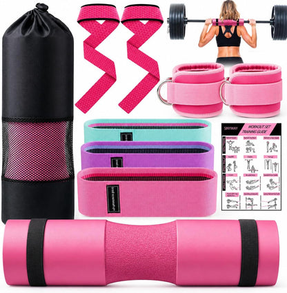 SINYWAY Barbell Pad Set for Squat,10 PCS Hip Thrusts Workout Foam Weight Lifting Bar Cushion with 2 Gym Ankle Straps,3 Hip Resistance Bands,2 Lifting Strap,Barbell Pad and Carry Bag