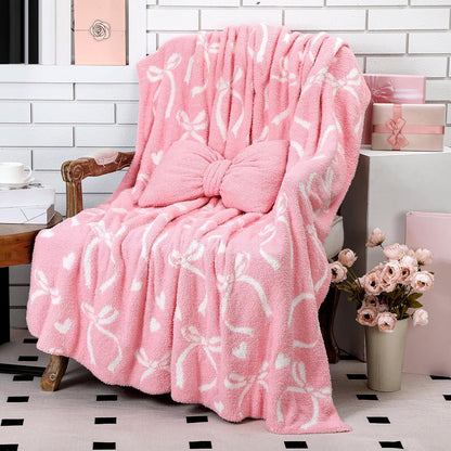 Pink Bow Throw Blanket and Pillow Set Include Coquette Blanket 50 x 60 Inch and Pink Bow Plush Throw Pillows Cushion for Baby Girls Women Gift Couch Sofa Bed Nursery Preppy Room Decorations