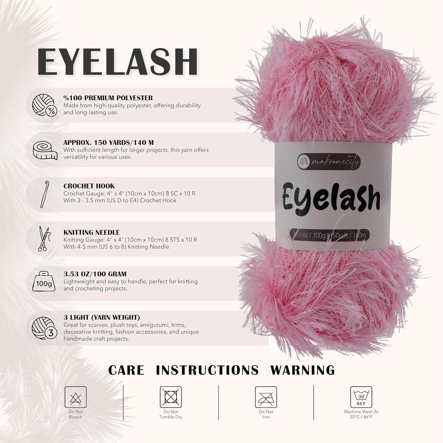 Makromecity Eyelash Yarn – Fuzzy Fun Fur Yarn, 3.53 Oz (100g) 150 yd (140m), Weight 3 Light, Premium Polyester Novelty Feather Yarn for Scarves, Amigurumi, Plush Toys & Craft (Pink, 3 Skeins)