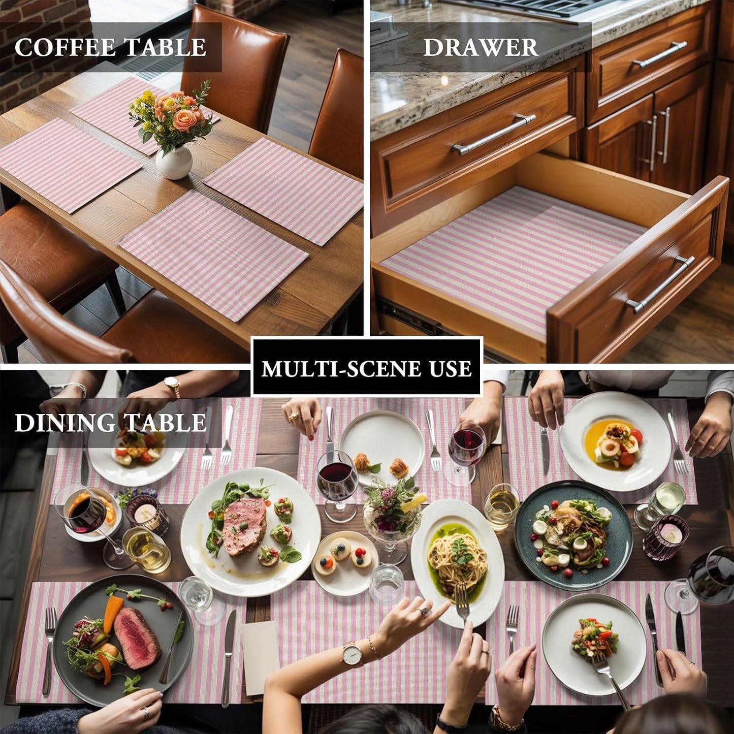 Pink Stripes Placemat Set of 6 Non-Slip Placemats for Dining Table Linen Classic Vertical Striped Washable Table Mats, Heat Resistant Kitchen Table Mats for Party, Dining Room & Home Decor