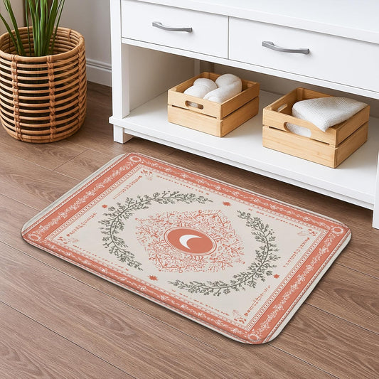 Floral Crescent Quick Dry Bath Mat, Vintage Peach Botanical Absorbent Non Slip Shower Mat, Spring Decorative Washable Bath Rugs for Bathroom Toilet Restroom 20x32 Inch