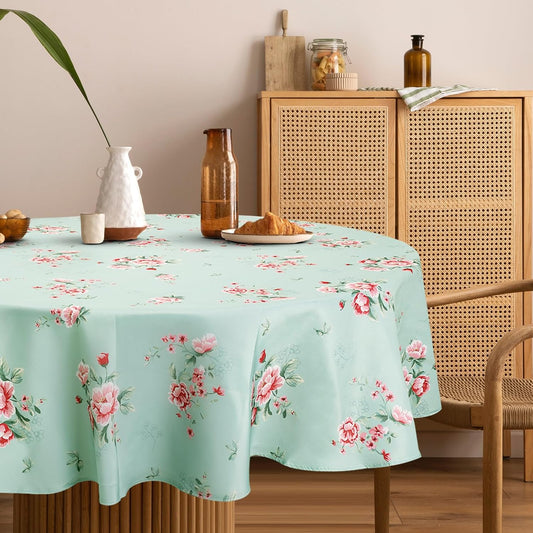 Pink Floral Tablecloth Waterproof, Green Vintage Table Cloth Round Stain Resistant, Washable Table Cover for Home Kitchen Dining Party Decoration (70 inch)