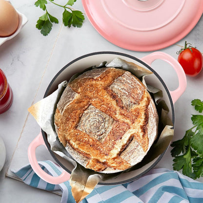 TeamFar Enameled Cast Iron Dutch Oven - 3QT Small Dutch Oven Pot with Lid - Heavy Duty Cast Iron Pot Cookware for Bread Baking, Braising, Stewing, Roasting, Pink