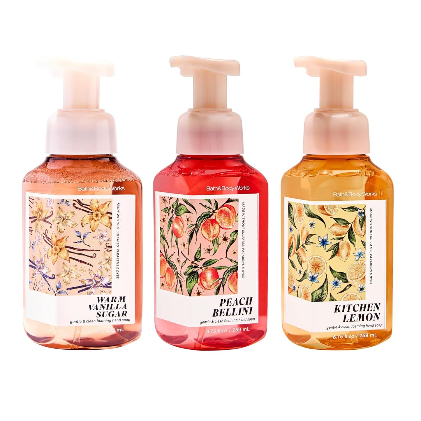 Bath & Body Works Warm Vanilla Sugar, Peach Bellini & Kitchen Lemon Gentle & Clean Foaming Hand Soap Bundle - Germ-Cleansing Hand Soap with Gentle Cleansing & Conditioning Formula - Thoughtful Gift