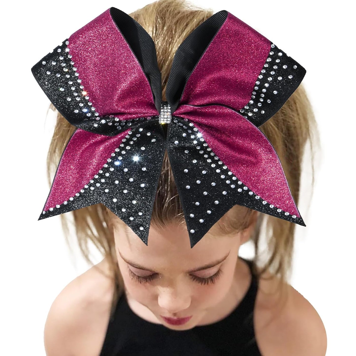 6PCS Glitter Cheer Bow Large Cheer Bows Rhinestones Hair Bows Girls 8"Cheerleading Bows Bulk Elastic Band Ponytail Holder for Teen Girls College Sports Competition Pink Black