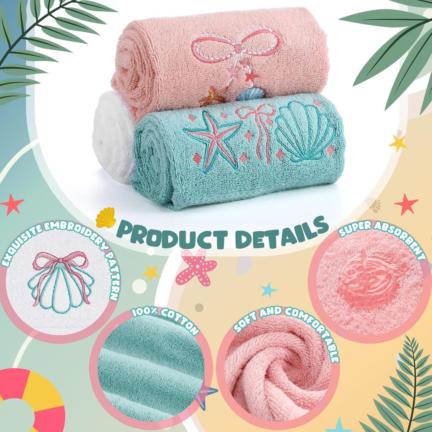 Hahafelt 3 Pack Seashell Bow Coastal Hand Towels for Bathroom 100% Cotton Embroidered Beach Bathroom Towels 13.78 x 29.53 Inch Soft Absorbent, Green Pink White