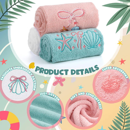 Hahafelt 3 Pack Seashell Bow Coastal Hand Towels for Bathroom 100% Cotton Embroidered Beach Bathroom Towels 13.78 x 29.53 Inch Soft Absorbent, Green Pink White