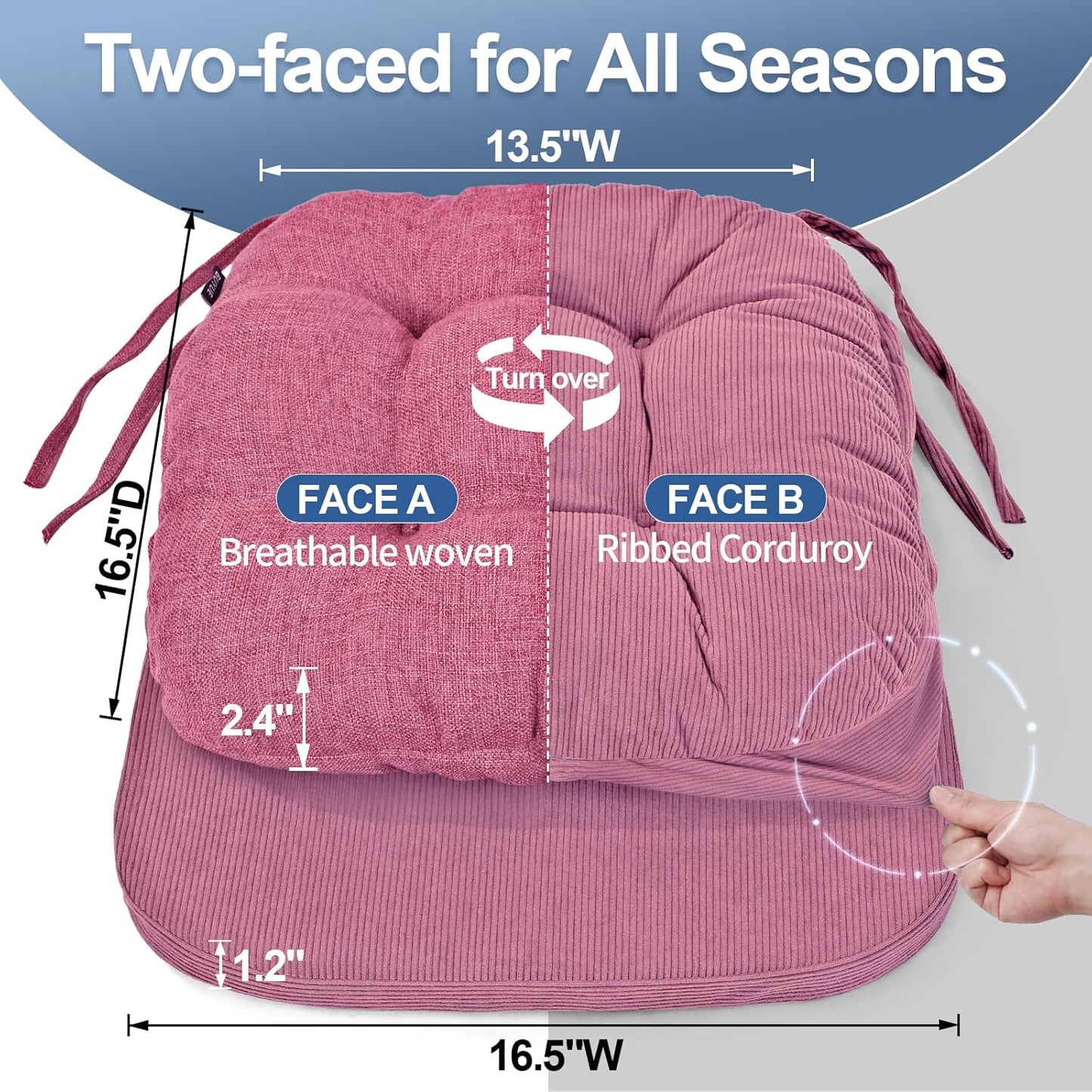 BUYUE Double-Layer Thickened Chair Cushion for Dining Chair, Natural Latex Foam Support, 2-Faced Reversible Kitchen Seat Cushion, Practical Non-Slip Chair Pad, 1 PC, Pink