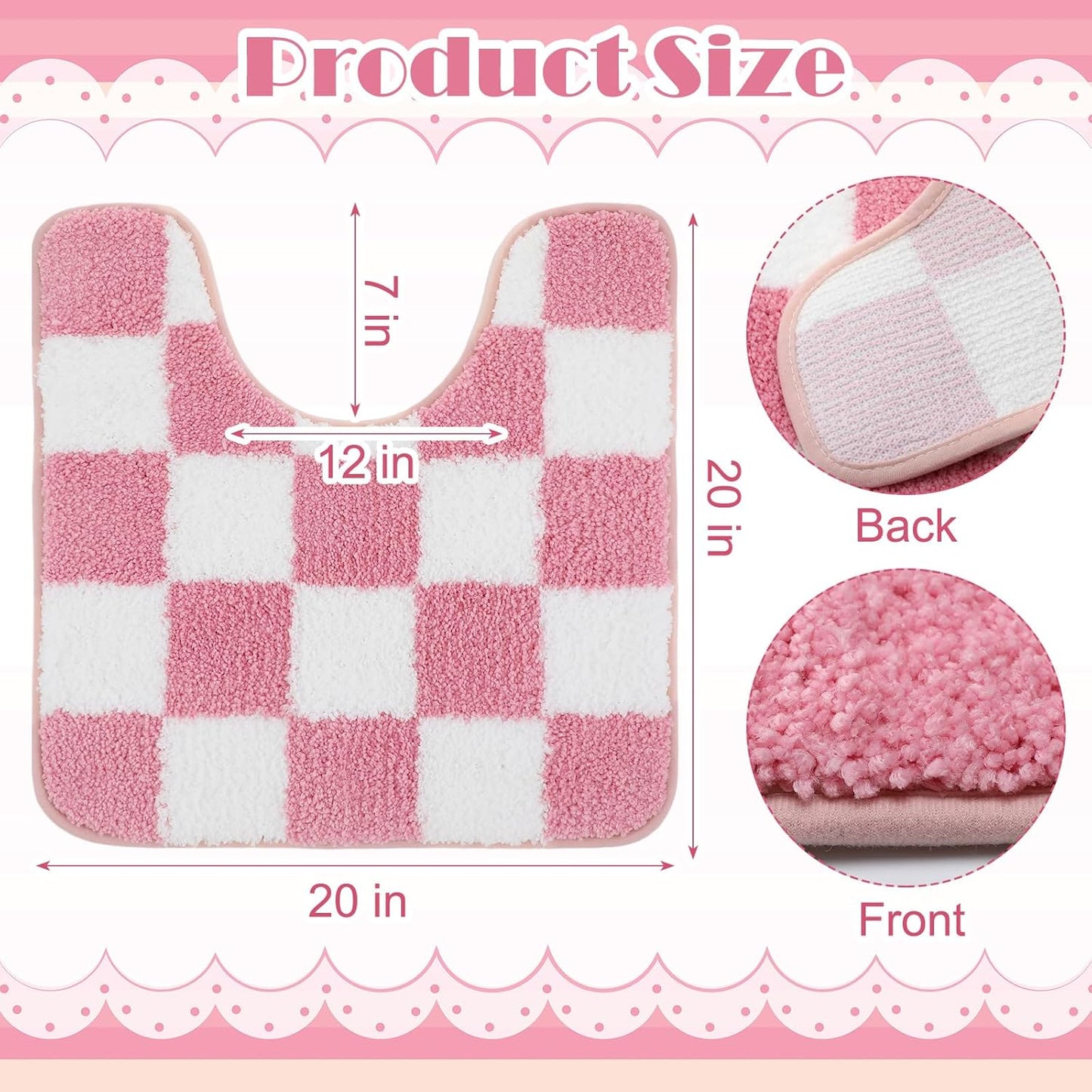 Dunzy Coquette Pink Checkered Toilet Rug U-Shaped Contour Bath Mat 20" x 20" Non-Slip Soft Plush Microfiber Absorbent Machine Washable Bathroom Rug for Women Girls