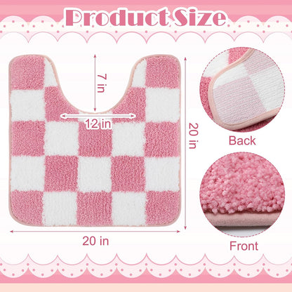 Dunzy Coquette Pink Checkered Toilet Rug U-Shaped Contour Bath Mat 20" x 20" Non-Slip Soft Plush Microfiber Absorbent Machine Washable Bathroom Rug for Women Girls