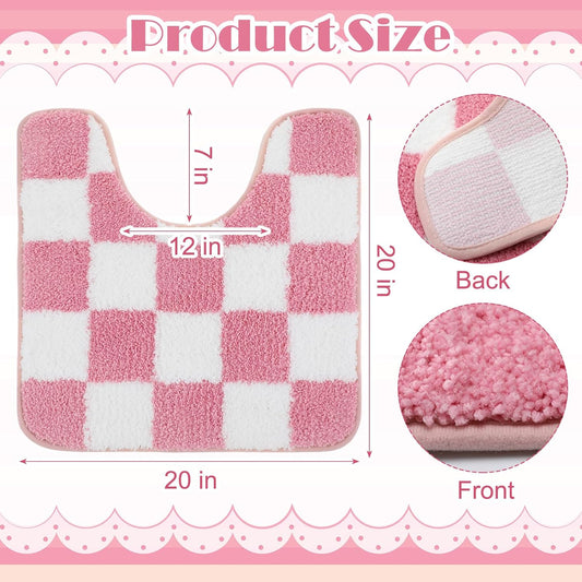 Dunzy Coquette Pink Checkered Toilet Rug U-Shaped Contour Bath Mat 20" x 20" Non-Slip Soft Plush Microfiber Absorbent Machine Washable Bathroom Rug for Women Girls