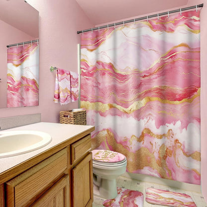 Honoson 8 Pcs Marble Bathroom Accessories Shower Curtain Set with Rugs and Kitchen Towels Modern Marble Farmhouse Bathroom Decor Floor mats for Farmhouse Country Spring Decor (Pink)