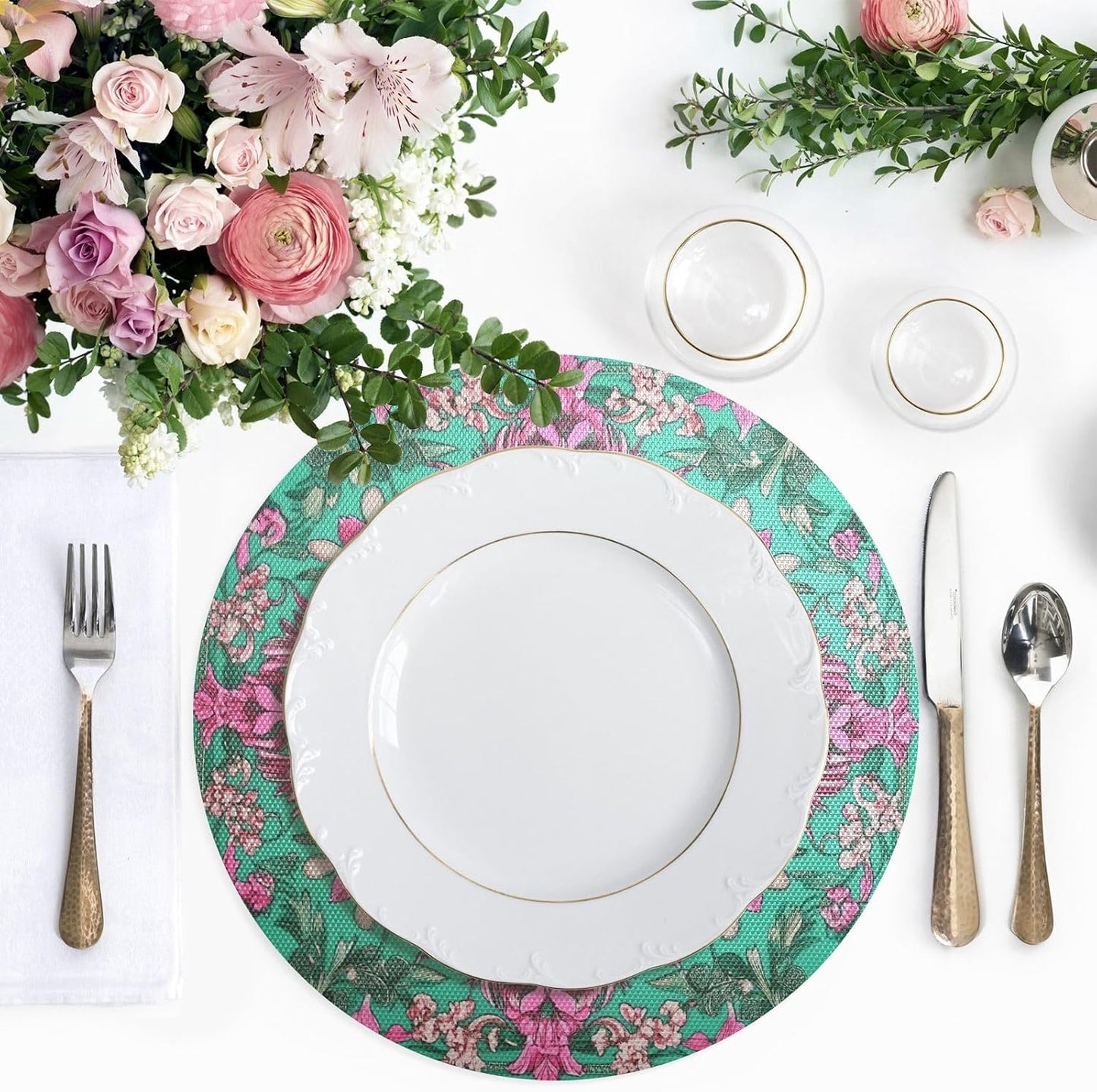 Retro Flower Pattern Peach and Green Round placemats Set Reversible Quilted placemats placemats Washable Plastic placemat with Plate placemats Easy to Clean Waterproof Round placemats Set of 6