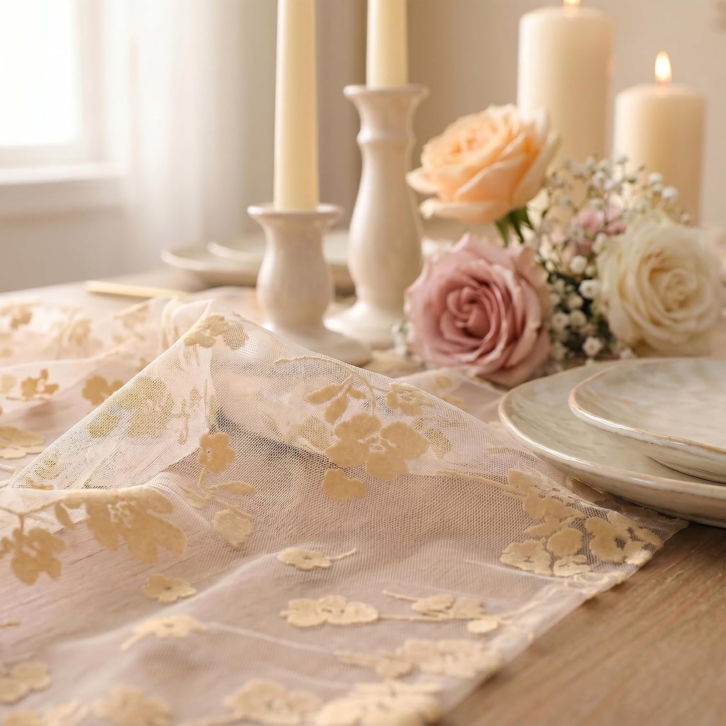 Artoid Mode Pink Gauze Flocking Flowers Table Runner 10FT, Spring Sheer Dining Table Decor for Wedding Anniversary Holiday Birthday Home Party