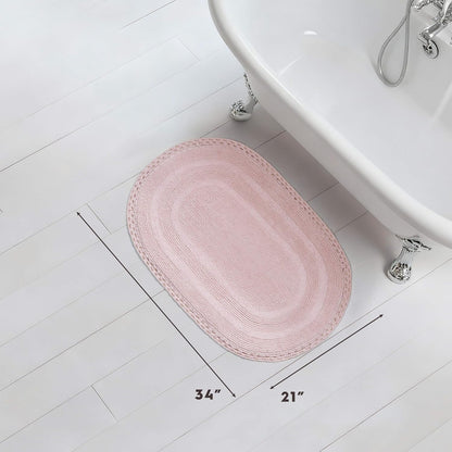 Laura Ashley Camilla 100% Cotton Oval Bath Mat with Crochet Border, Soft & Absorbent, Light Pink 21" x 34" Bathroom Rug