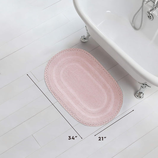 Laura Ashley Camilla 100% Cotton Oval Bath Mat with Crochet Border, Soft & Absorbent, Light Pink 21" x 34" Bathroom Rug