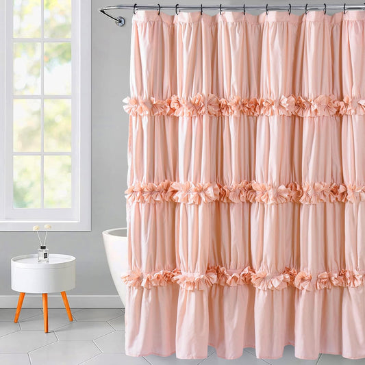 Homechoice Decor Peach Ruffle Shower Curtain, Vintage Handcrafted Bow Tie Bath Curtain for Master Bathroom, Ruched Microfiber Bathroom Curtain with 12 Buttonholes, 72" W x 72" H (LQ-10)