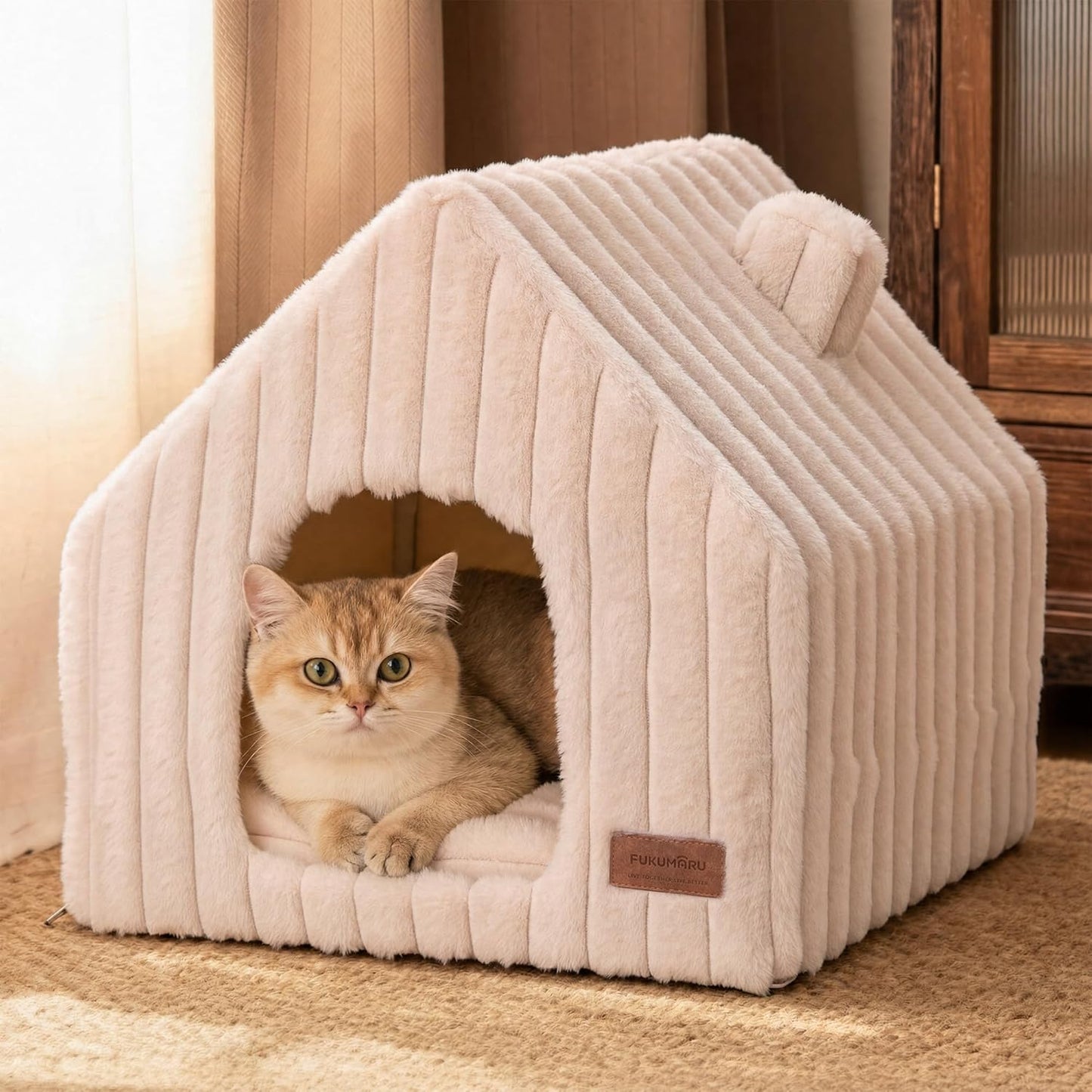 FUKUMARU Cat Houses for Indoor Cats, Washable Cute Cat Bed Cave with Removable Pillow, Large Semi-Enclosed Cozy Dog House Indoor, Soft Faux Rabbit Fur Kitten Bed, 17.5-Inch Cat Hideaway, Pink Grey