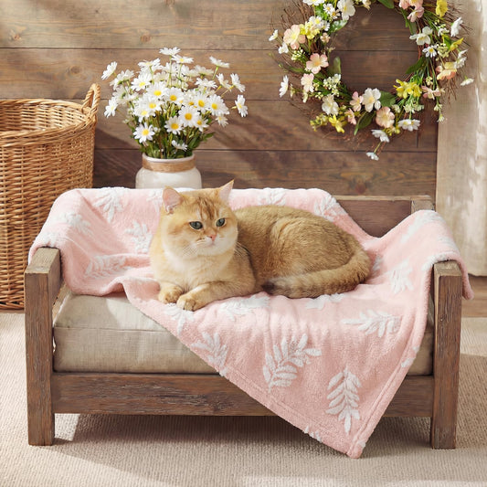 Horaldaily Pets Flannel Blanket, Pink Leaves 3D Textured Soft Fuzzy Fluffy Plush Cozy Fleece Premium Blankets for Dog Cat Puppy Kitten Couch Protection, 20x30