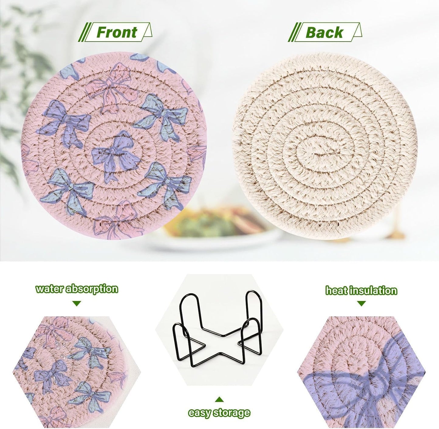 Bar Coasters for Drink with Holder Bows Light Pink Blue Coaster Set of 6 Cotton Woven Coaster for Coffee Table, Bistro Tabletop,Kitchen Home Decor