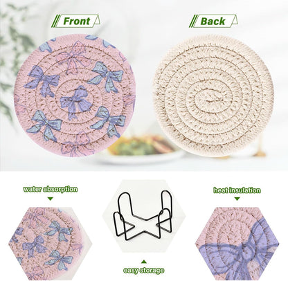 Bar Coasters for Drink with Holder Bows Light Pink Blue Coaster Set of 6 Cotton Woven Coaster for Coffee Table, Bistro Tabletop,Kitchen Home Decor