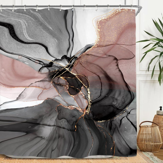 Miyotaa Marble Shower Curtain Set 60Wx71H Inches Black Pink Blush Modern Abstract Ombre Art Contemporary Women Watercolor Polyester Waterproof Bathroom Curtain with 12 Hooks