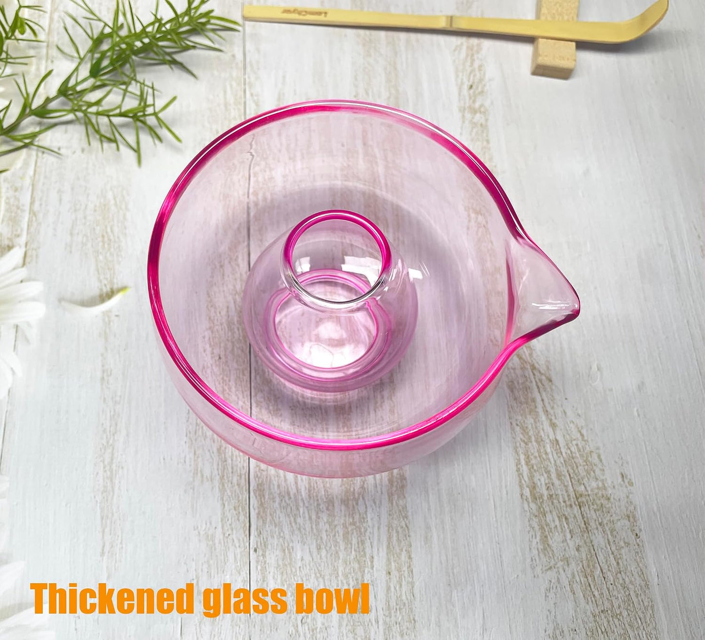 Matcha Bowl with Spout, Matcha Whisk Holder, Glass Matcha Bowl and Whisk Holder Set, Exquisite Matcha Set for Tea Ceremony(Pink)