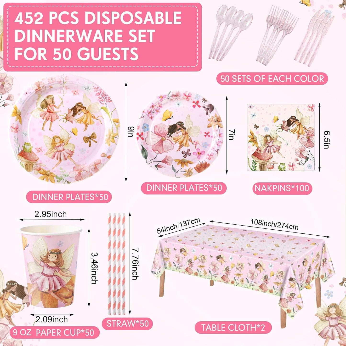 Potchen 452 Pcs Themes Party Supplies Decorations for 50 Guests, Paper Plates Napkins Cups Tablecloth Cutlery Straws for Birthday Baby Shower Party Decorations(Pink,Fairy)