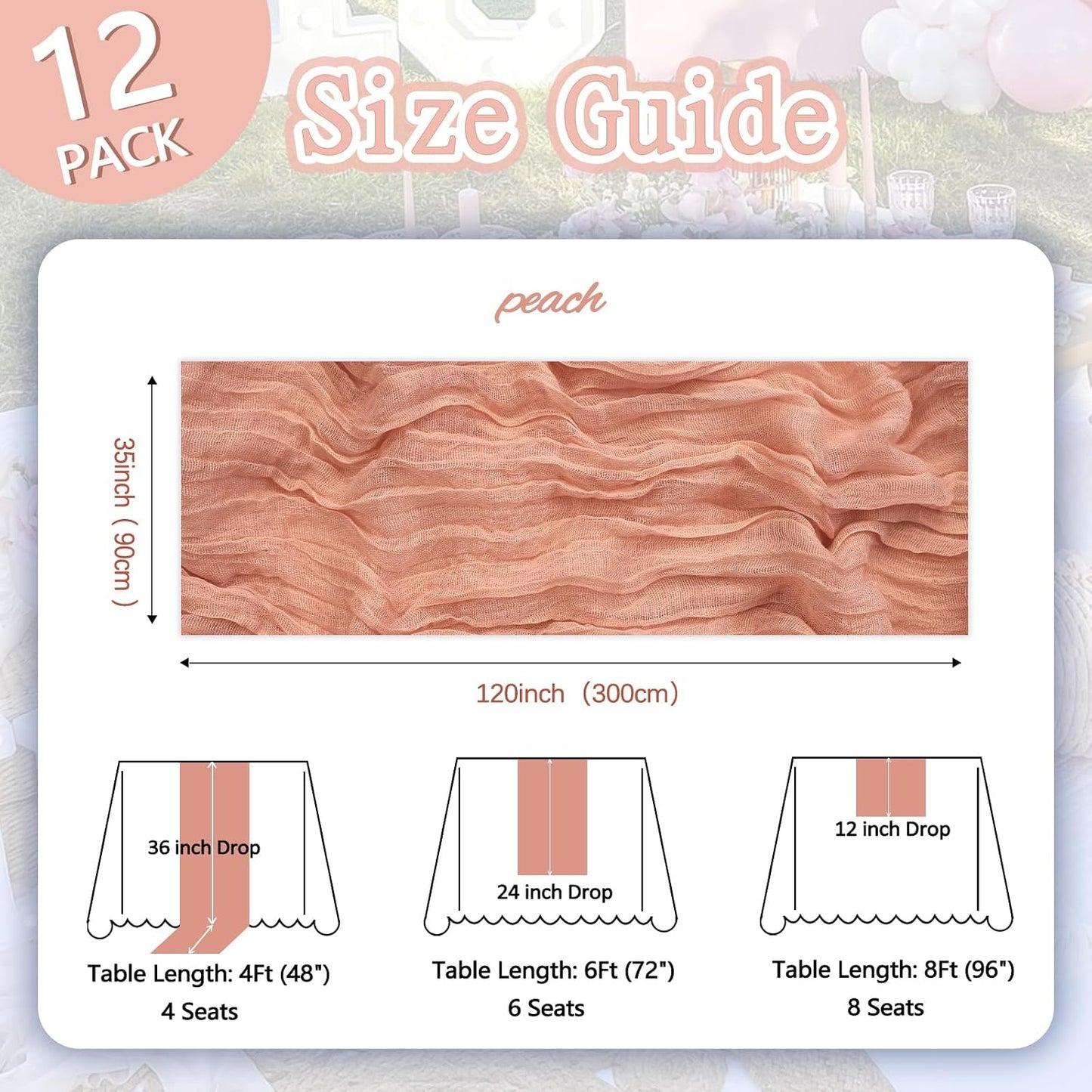12 Pack Peach Cheesecloth Table Runner 10ft Boho Gauze Fabric Cheese Cloth Table Runner 35 x 120 Inch Rustic Sheer Runner for Holiday Baby Shower Home Décor Party Wedding Decoration