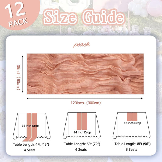 12 Pack Peach Cheesecloth Table Runner 10ft Boho Gauze Fabric Cheese Cloth Table Runner 35 x 120 Inch Rustic Sheer Runner for Holiday Baby Shower Home Décor Party Wedding Decoration