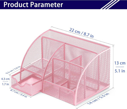 Boutilon Mesh Desk Organizer Desktop Office Supplies Stationary Organizer with 6 Compartments and 1 Drawer Multi-Functional Caddy Pen Holder for Home Office School Desk Decor(Pink)