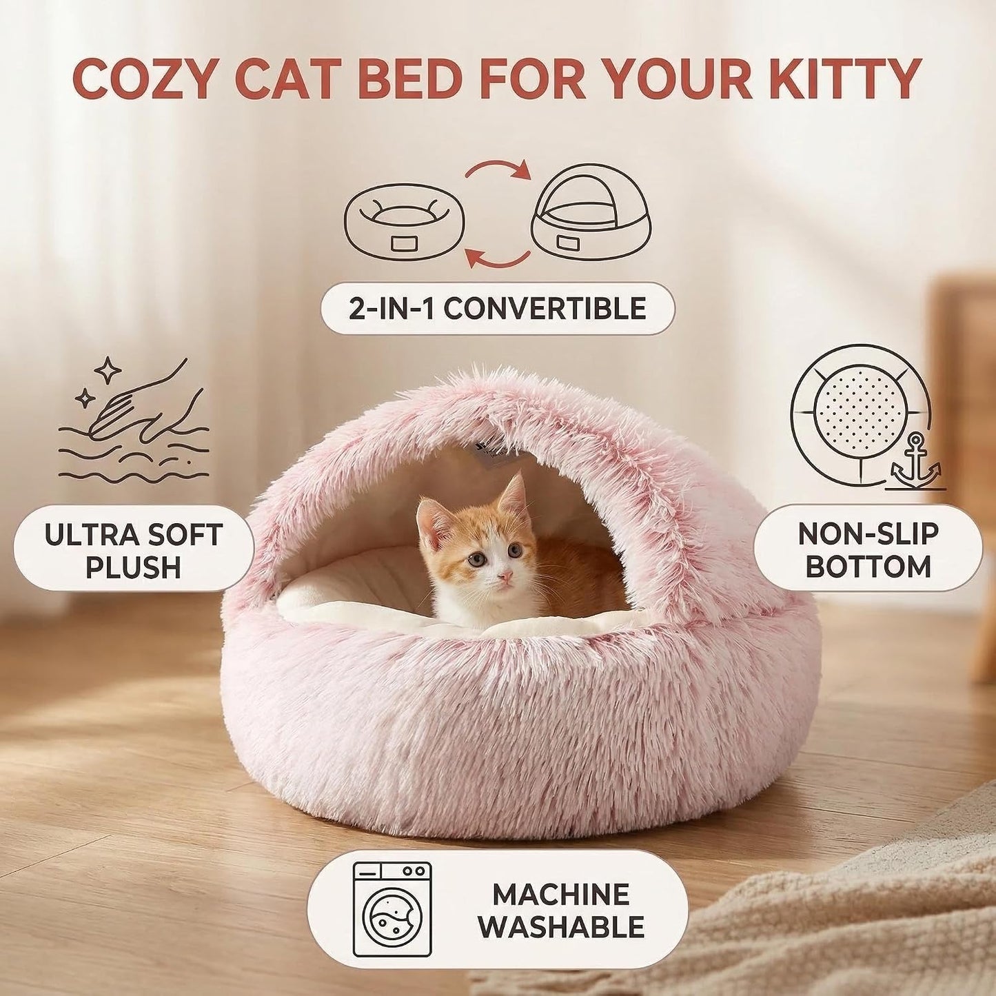 Cozy Zipper Convertible Cat Bed Cave, 2 in 1 Round Plush Donut Dog Bed with Removable Hood, Warm Fuzzy Enclosed Pet Nest Bed for Small Dogs Kittens, Machine Washable (Pink, 19.7 in Small Size)